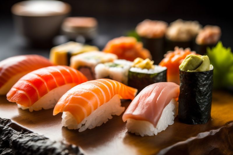 rice fish seafood set roll meal japanese japan food sushi. Generative AI.