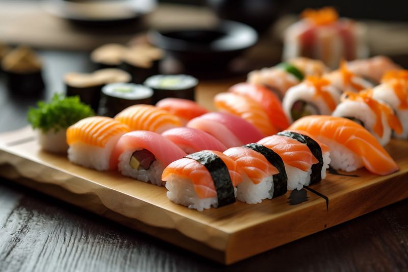 seafood roll meal japanese sushi rice food japan set fish. Generative AI.