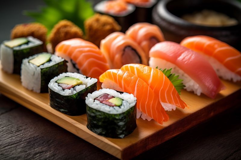 roll sushi seafood set meal fish rice japan food japanese. Generative AI.