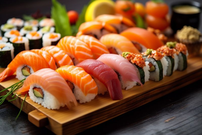 roll food japanese meal fish japan seafood rice set sushi. Generative AI.