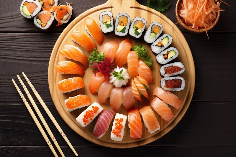 seafood fish rice food japanese set roll sushi japan meal. Generative AI.