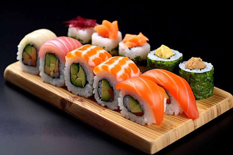 seafood fish rice meal sushi roll food japanese set japan. Generative AI.