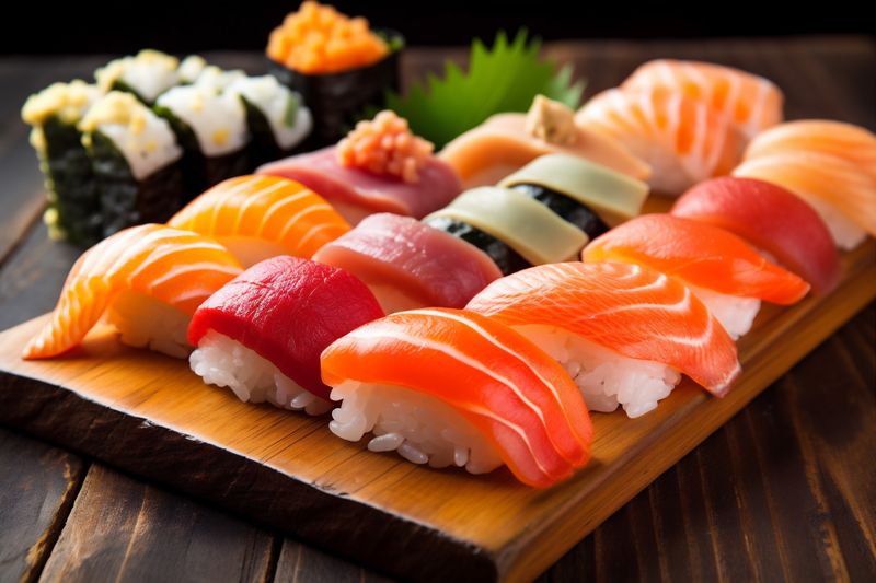 meal japanese set sushi food rice roll japan seafood fish. Generative AI.