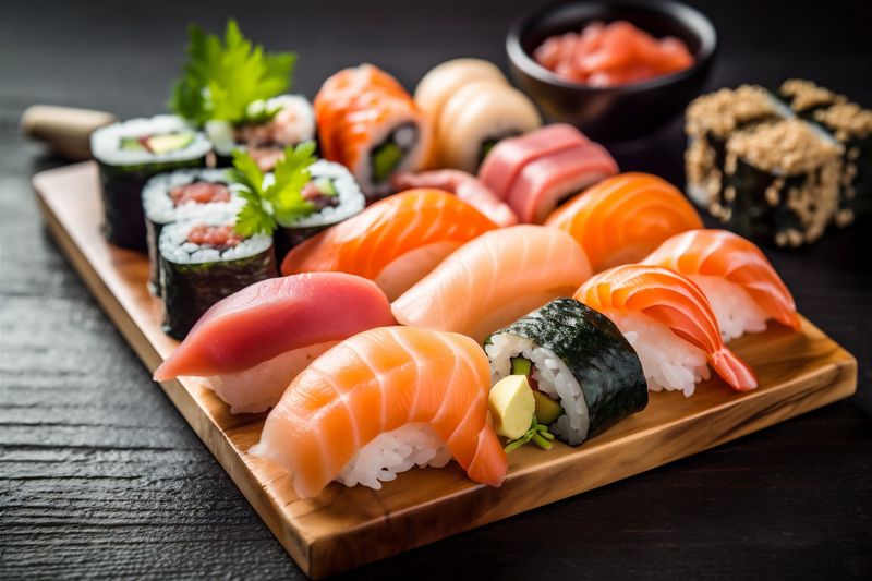 japanese roll set rice meal sushi seafood fish food japan. Generative AI.