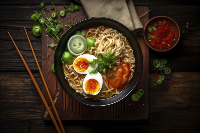 asian bowl noodle chopstick food japanese meal soup vegetable ramen. Generative AI.