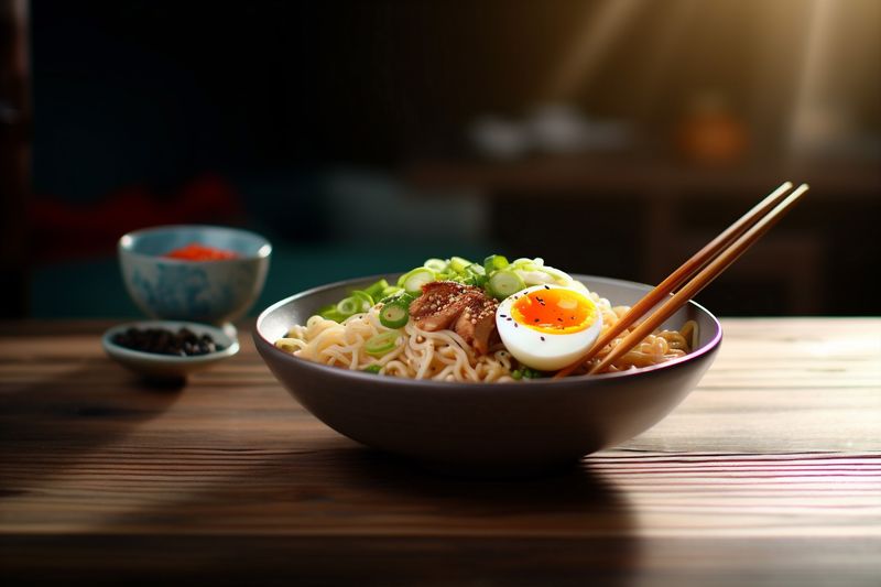 bowl asian ramen noodle chopstick vegetable soup food meal japanese. Generative AI.