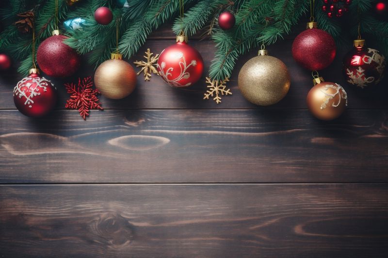 new christmas gold tree holiday decoration snowflakes ball background year christmas card. Generative AI.