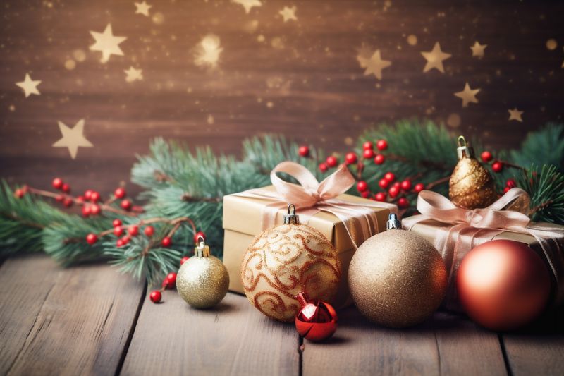 gold new decoration snowflakes tree card holiday christmas year background christmas ball. Generative AI.