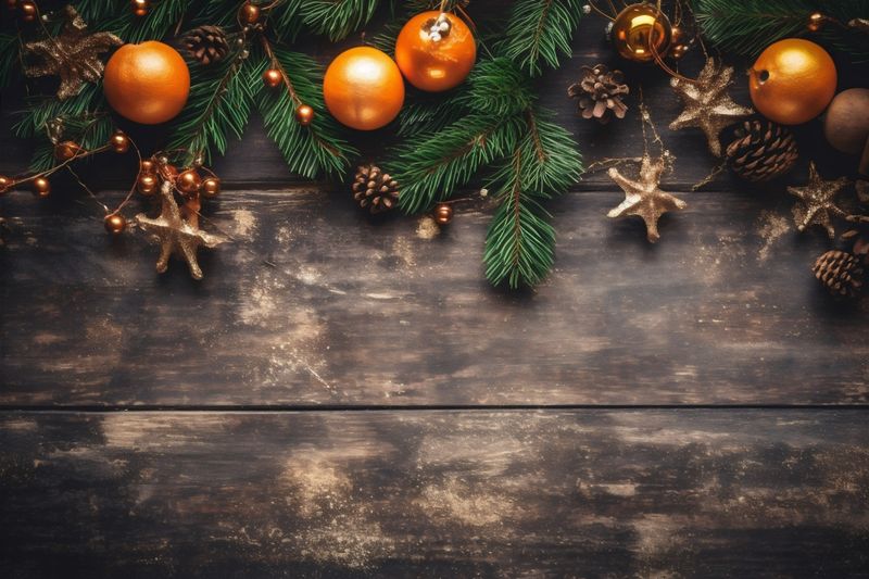 holiday new background christmas card year christmas decoration snowflakes tree gold wooden. Generative AI.