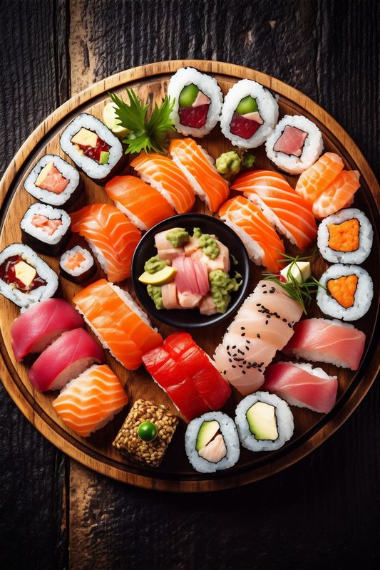 sushi roll set seafood japanese fish rice food meal japan. Generative AI.