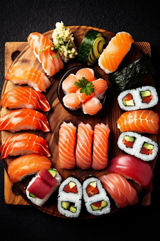 rice meal japanese sushi fish food set seafood roll japan. Generative AI.