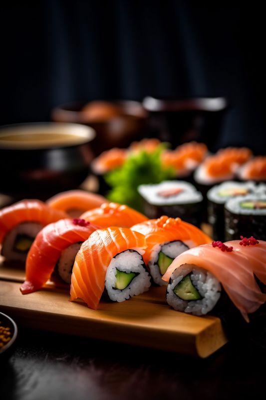 roll japanese seafood rice set meal sushi food japan fish. Generative AI.