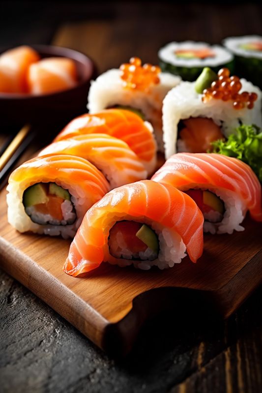roll rice seafood meal food sushi japanese fish japan set. Generative AI.