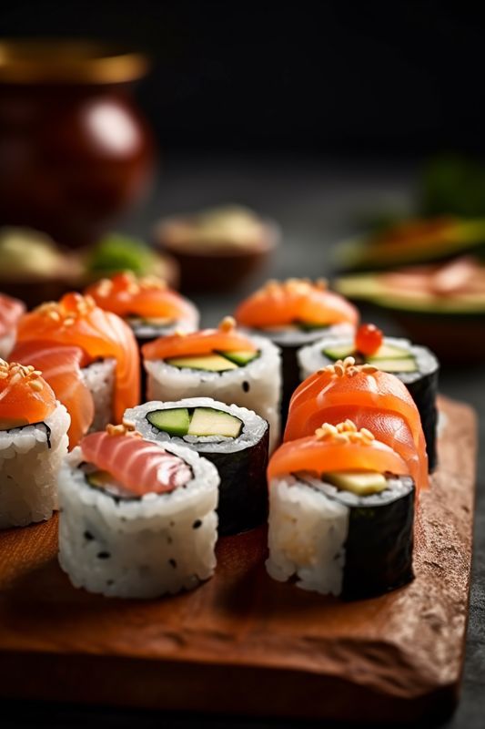 set rice japanese sushi japan meal fish roll food seafood. Generative AI.