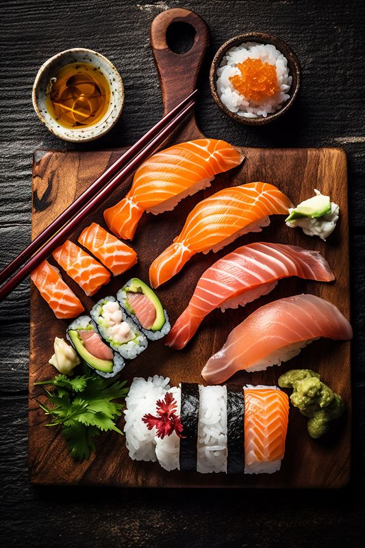 set fish meal roll seafood sushi food rice japanese japan. Generative AI.