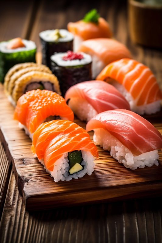 food roll sushi fish seafood japanese rice japan set meal. Generative AI.