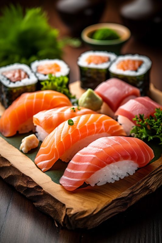 roll fish japanese meal food seafood rice set japan sushi. Generative AI.