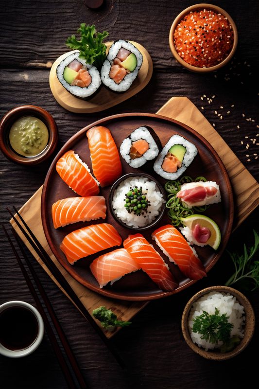 set sushi rice roll japan seafood japanese meal food fish. Generative AI.