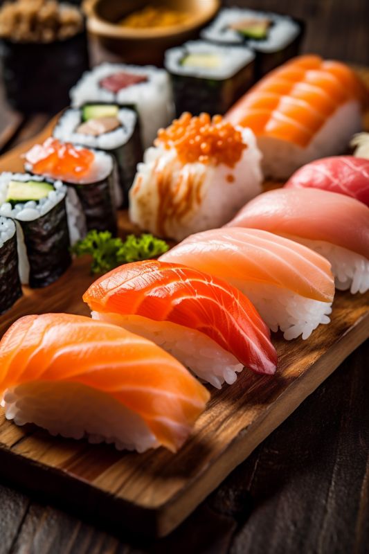 seafood fish meal set japan sushi food japanese roll rice. Generative AI.