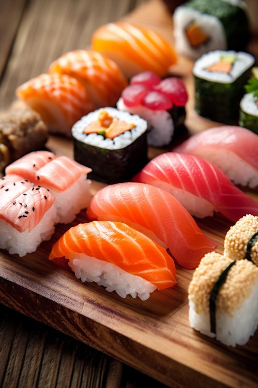 food japan japanese sushi set fish roll meal rice seafood. Generative AI.