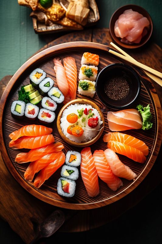 meal sushi food seafood japanese fish rice set japan roll. Generative AI.