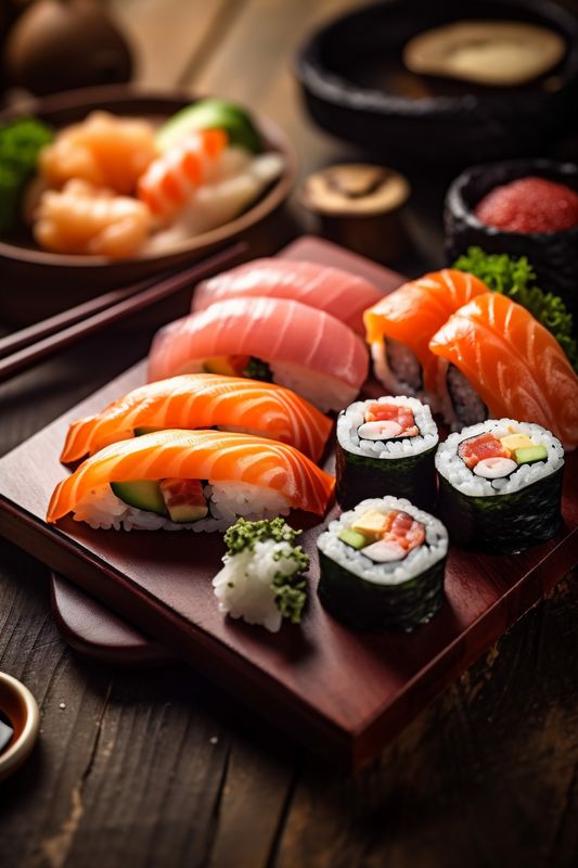 seafood fish rice set japan roll meal japanese food sushi. Generative AI.