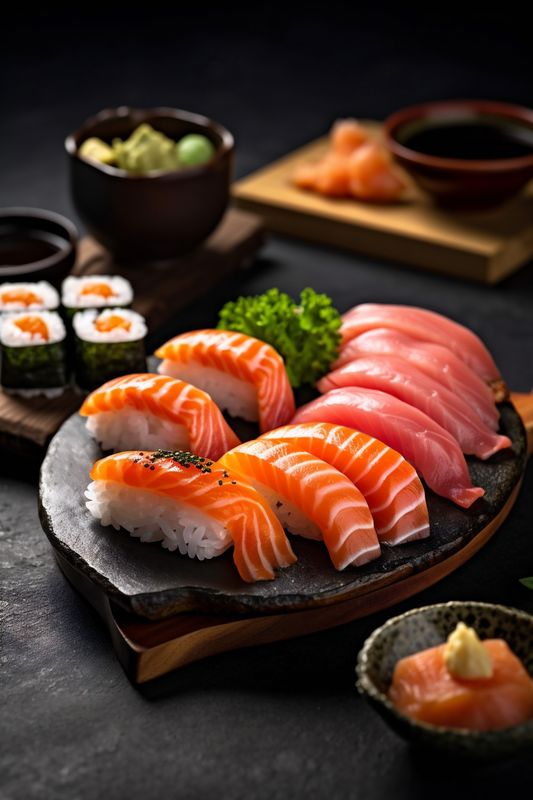 fish japan food seafood meal roll rice sushi set japanese. Generative AI.