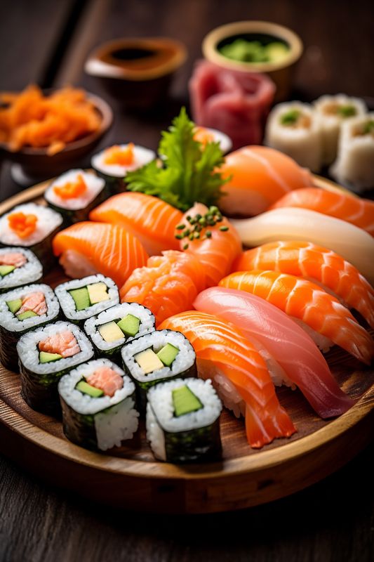 seafood food japan rice set meal japanese sushi roll fish. Generative AI.