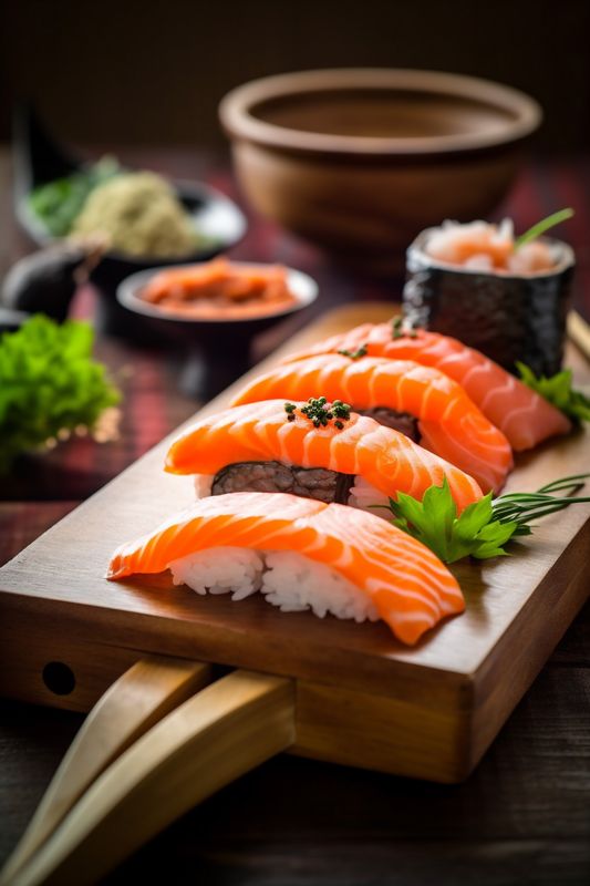 japan seafood japanese food rice roll fish sushi meal set. Generative AI.