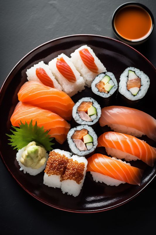 roll japanese set meal fish food seafood rice japan sushi. Generative AI.