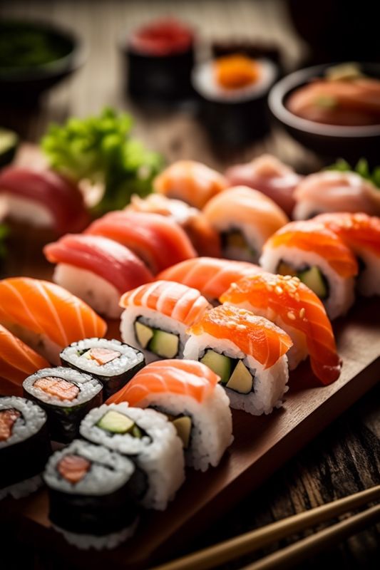 fish rice food seafood sushi japanese roll japan set meal. Generative AI.