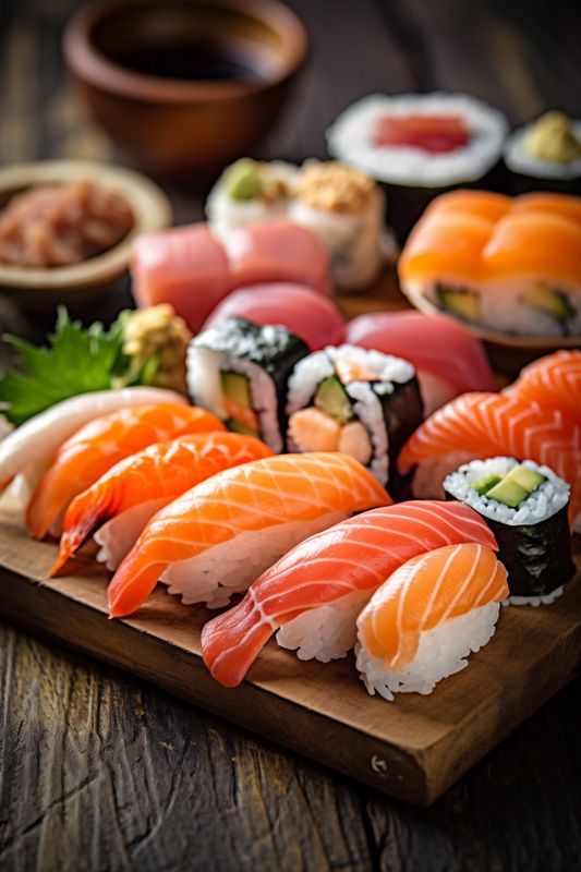 japanese japan food roll rice meal set sushi seafood fish. Generative AI.