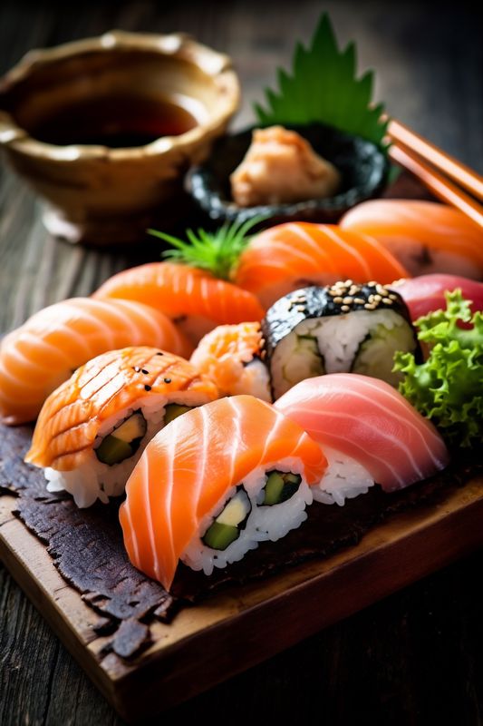 set japanese sushi roll food seafood meal japan rice fish. Generative AI.
