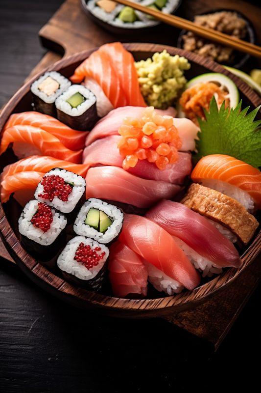 rice sushi fish japan set roll food japanese seafood meal. Generative AI.