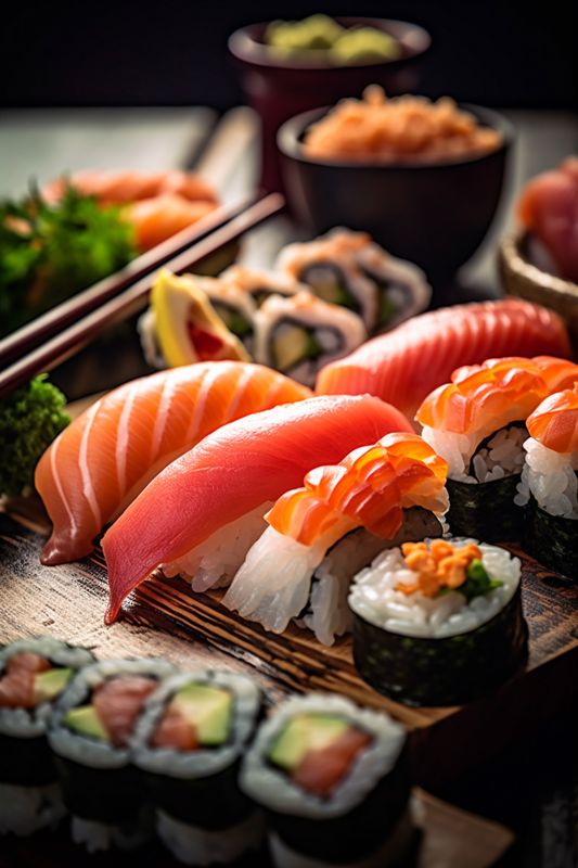 fish set seafood japan sushi roll japanese rice food meal. Generative AI.