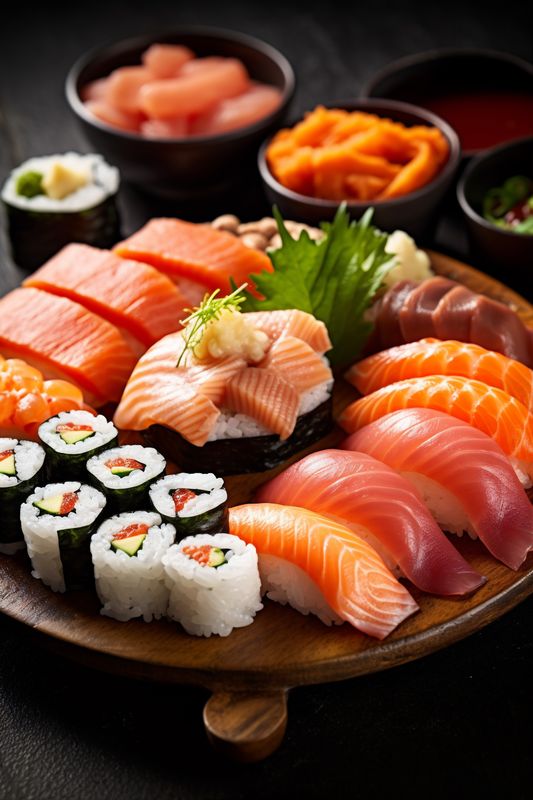 food rice meal set roll japan sushi seafood japanese fish. Generative AI.
