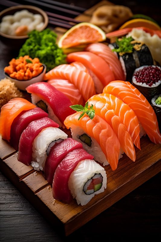 meal sushi rice set roll fish japan japanese seafood food. Generative AI.