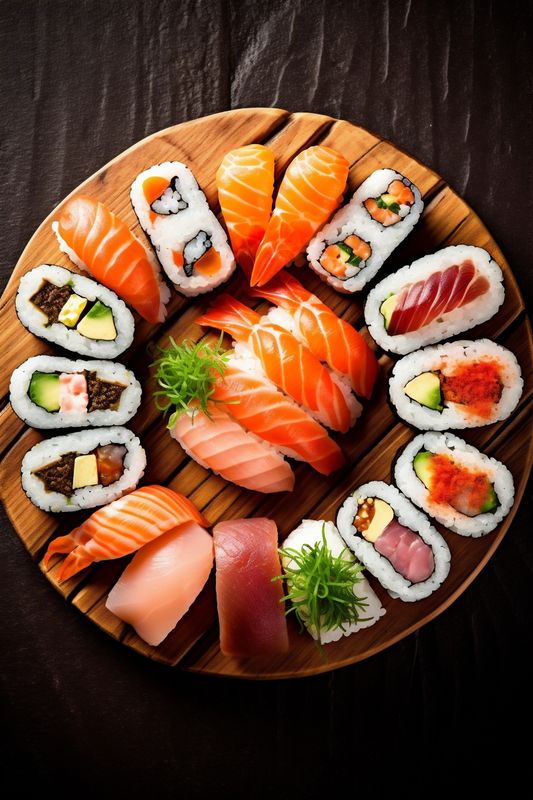 seafood sushi japan japanese rice meal fish food roll set. Generative AI.