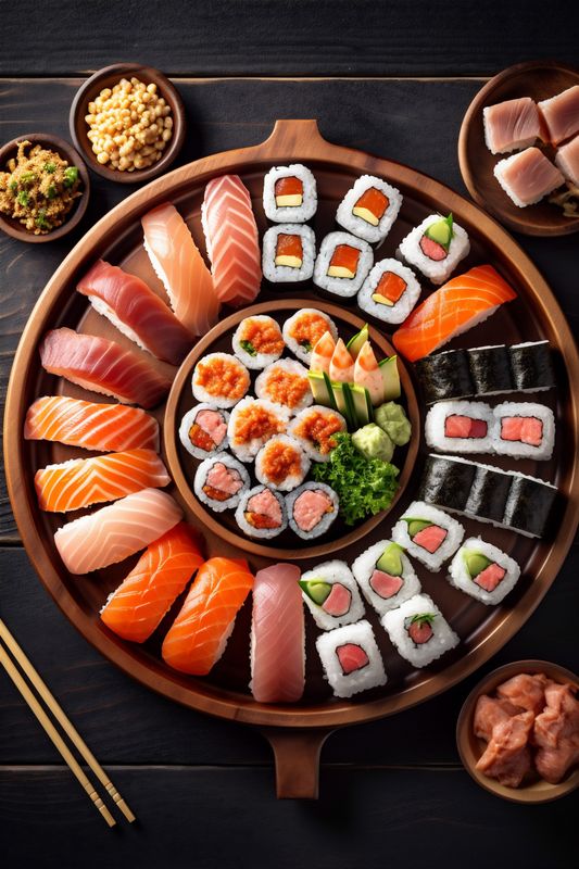 food meal set japanese rice roll fish seafood japan sushi. Generative AI.