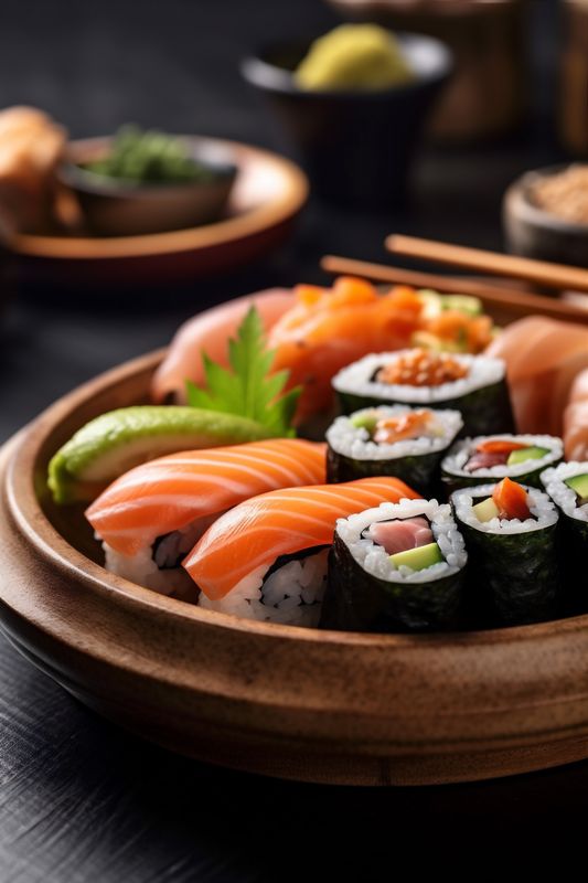sushi meal fish food japanese set roll rice japan seafood. Generative AI.