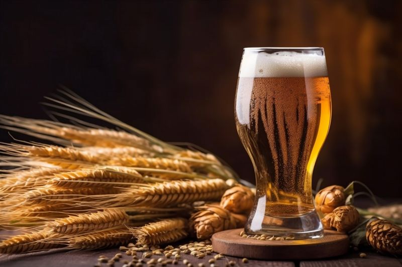 gold pint beer drink glass beverage alcohol pub foam lager. Generative AI.