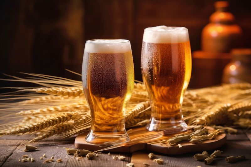 drink gold lager alcohol glass foam beer pub beverage pint. Generative AI.