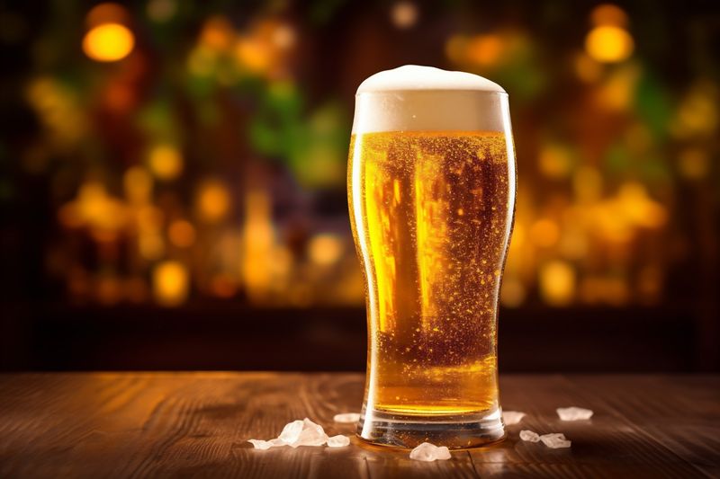 beverage pint alcohol drink glass pub lager gold beer foam. Generative AI.