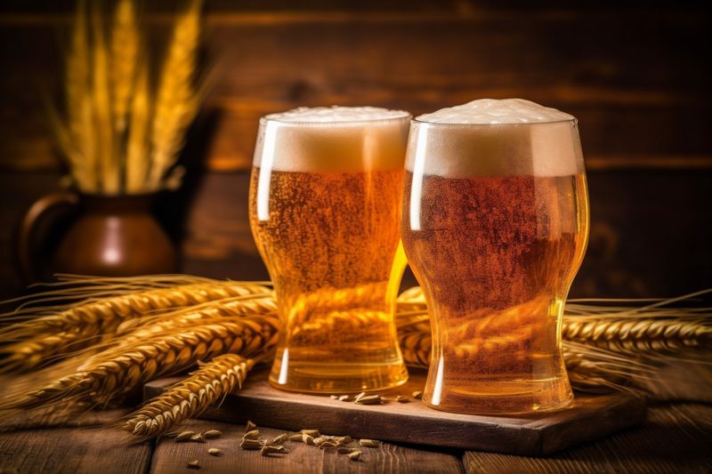 lager drink pub foam pint beer glass alcohol gold beverage. Generative AI.