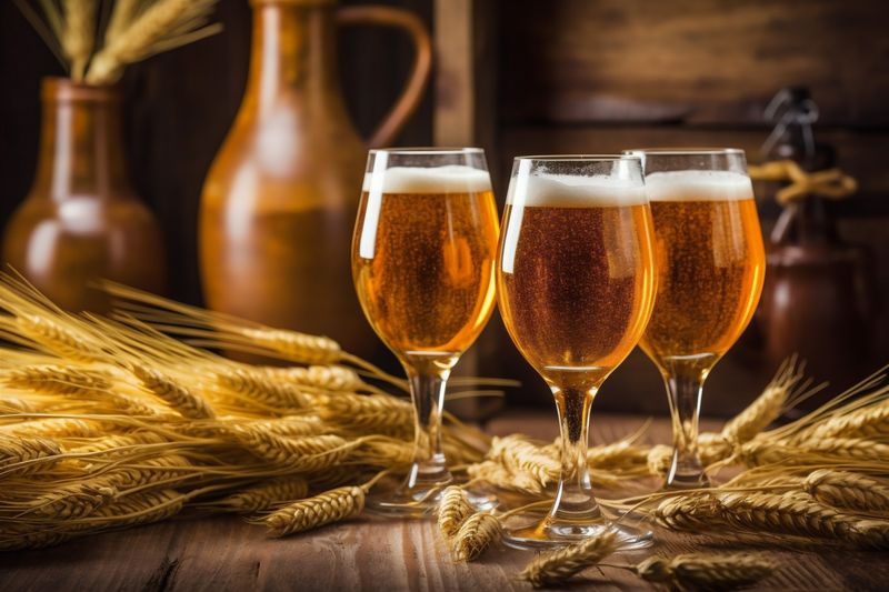 gold drink beverage foam alcohol pint glass pub lager beer. Generative AI.