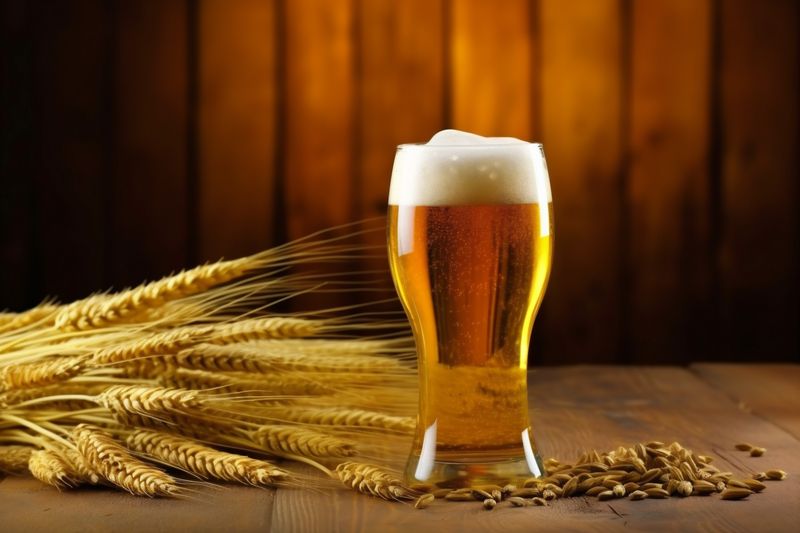 lager beer foam alcohol pint gold pub drink beverage glass. Generative AI.