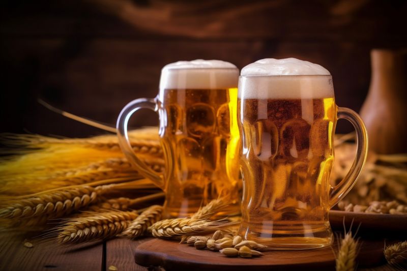 foam beverage alcohol glass drink gold pint pub lager beer. Generative AI.