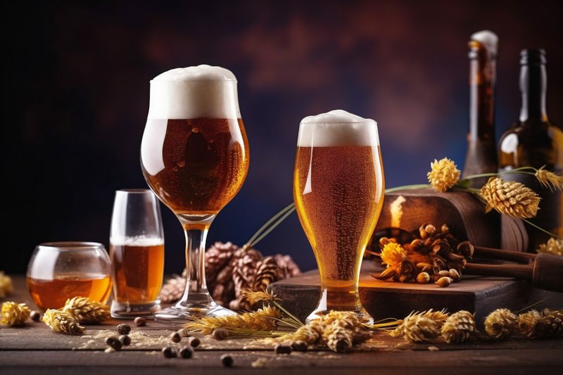 glass pub pint beverage alcohol gold beer foam drink lager. Generative AI.