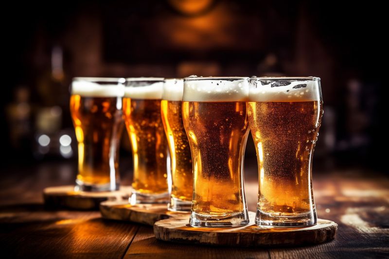 pub lager alcohol foam beverage drink pint gold glass beer. Generative AI.