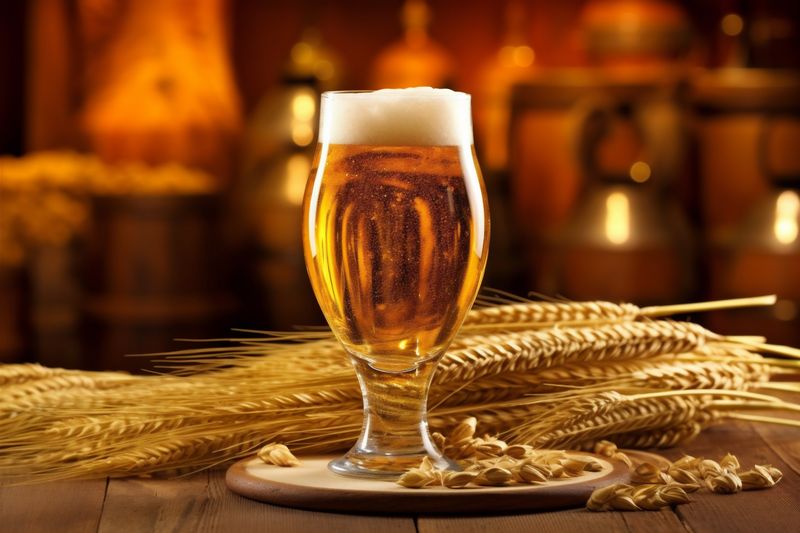 pub lager pint drink gold beer foam alcohol beverage glass. Generative AI.